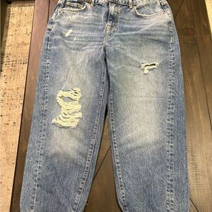 Women’s Blue Distressed Twist Leg Mom Jeans